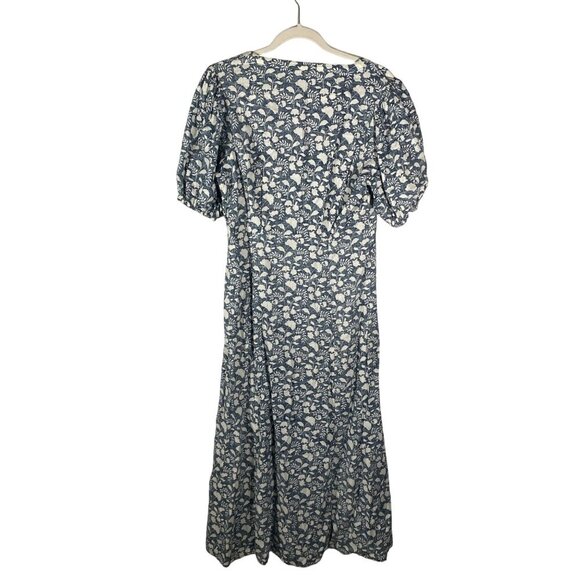 FAHERTY Havana Prairie puff sleeve Linen midi Dress size M Indigo Echo Floral - Picture 5 of 13